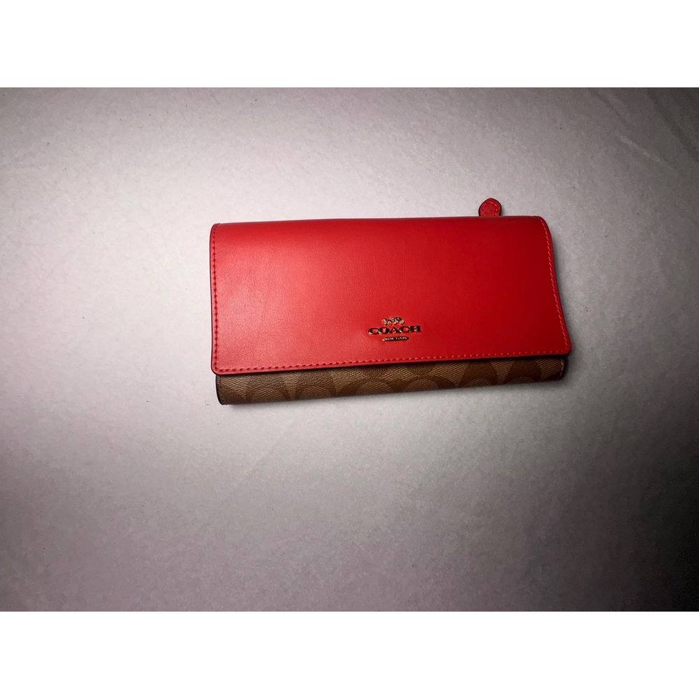 Coach Tri-Fold Slim Wallet Red Leather Signature Monogram Canvas Brown Gold Logo